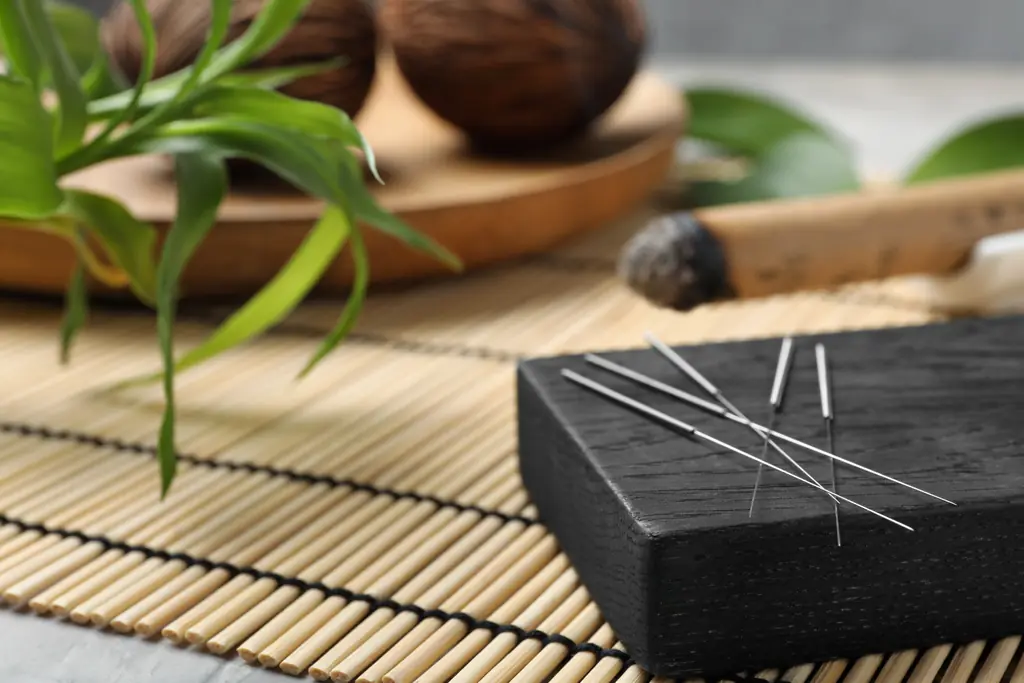 Sterile acupuncture needles resting on a dark stone beside a bamboo mat and green leaves
